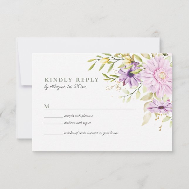 Carte de réponse de mariage floral aquarelle éléga (Devant)