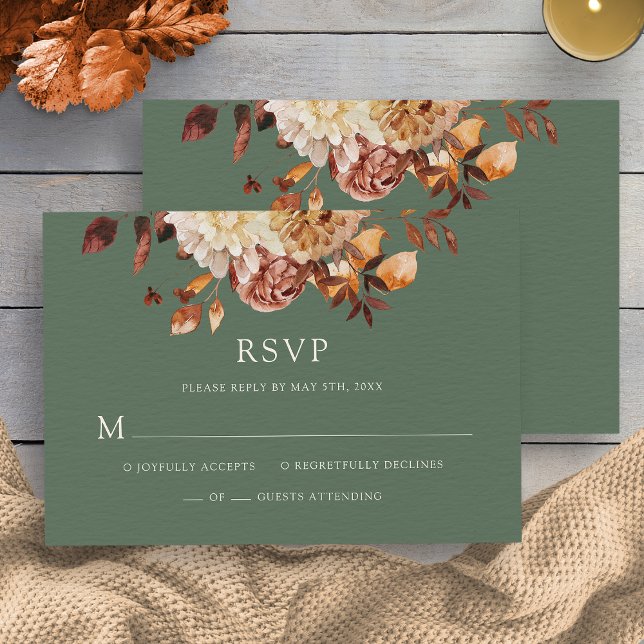 Carte de réponse de mariage floral automnal vert s (Sage Green Fall Copper Floral Wedding RSVP Card by Painted Paperie
)