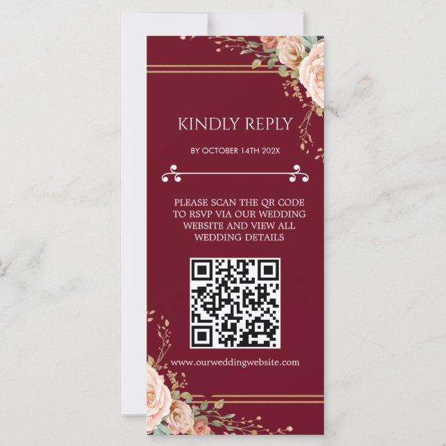 Carte de réponse de mariage floral avec code QR (Devant)