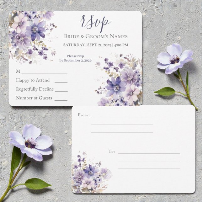 Carte de réponse de mariage floral bleu et violet  (Créateur téléchargé)