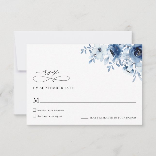 Carte de réponse de mariage floral bleu poussiéreu (Devant)