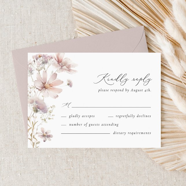 Carte de réponse de mariage floral bohème aux fleu (Blush wildflower wedding RSVP card with elegant script typography and soft floral design)