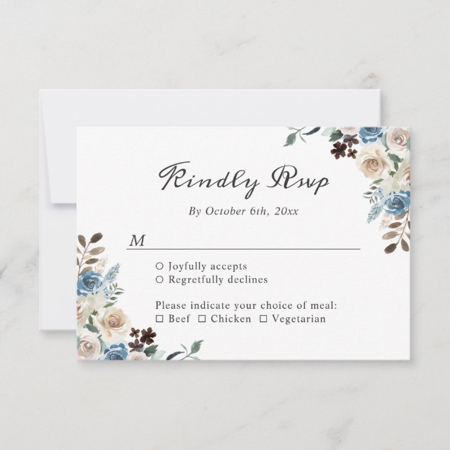 Carte de réponse de mariage floral boho bleu pouss (Devant)
