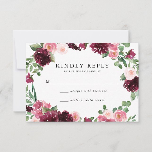 Carte de réponse de mariage floral Boho Bourgogne  (Devant)