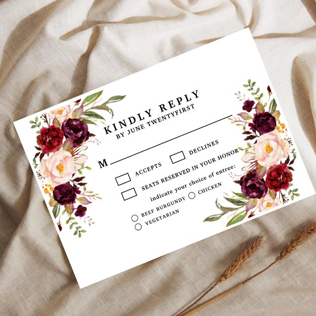 Carte de réponse de mariage floral Bordeaux Blush  (Créateur téléchargé)