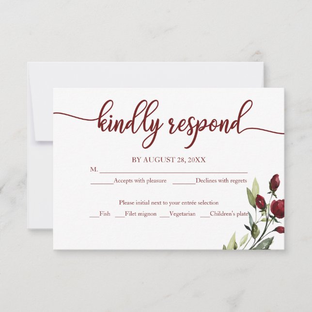 Carte de réponse de mariage floral bordeaux bois r (Devant)