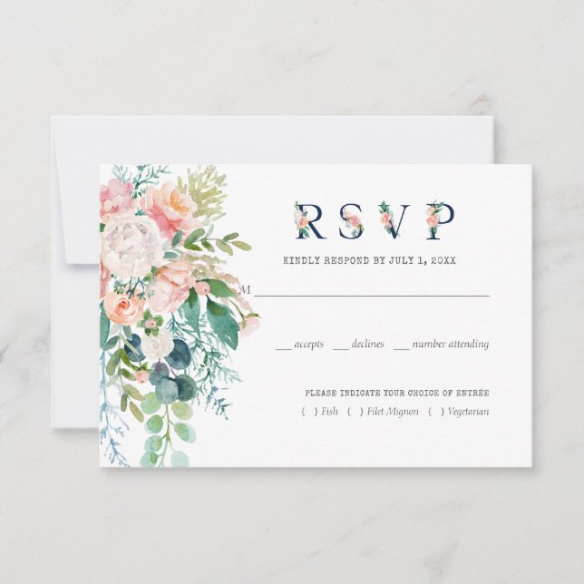 Carte de réponse de mariage floral estivale rosée  (Devant)