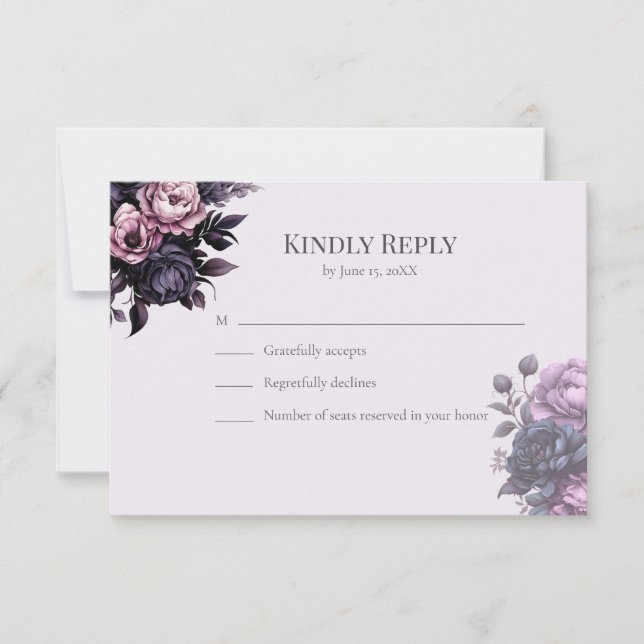 Carte de réponse de mariage floral gothique prune (Devant)