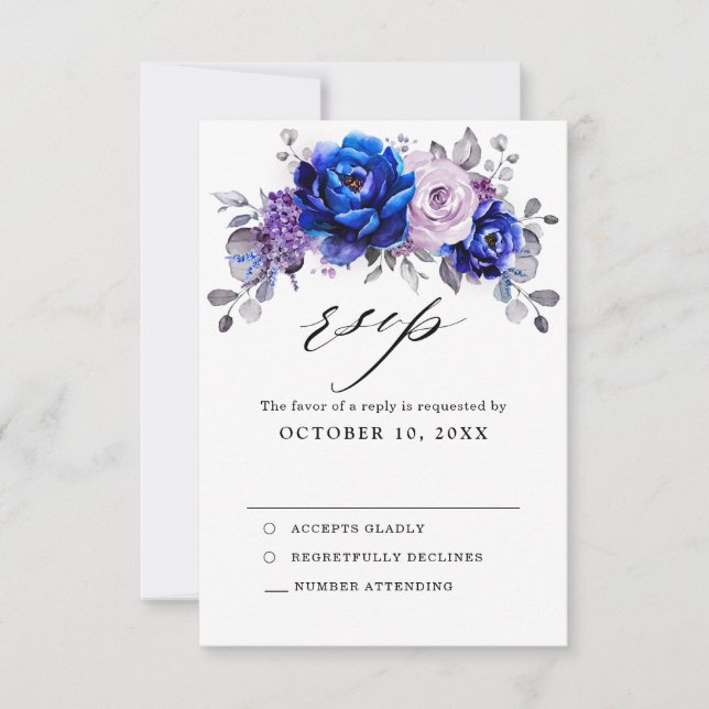 Carte de réponse de mariage floral lilas bleu roya (Devant)