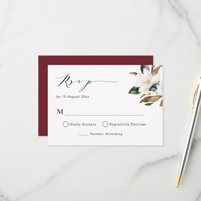 carte de réponse de mariage floral magnolia bordea (Devant/Arrière en situation)
