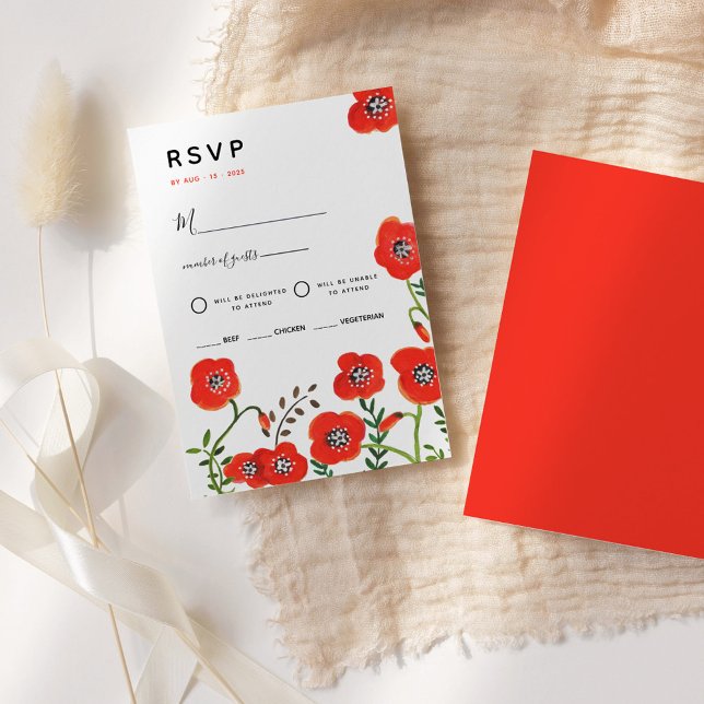 Carte de réponse de mariage floral moderne Coqueli (Red poppies modern floral wedding RSVP Card)