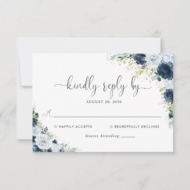 Carte de réponse de mariage floral Navy bleu (Devant)