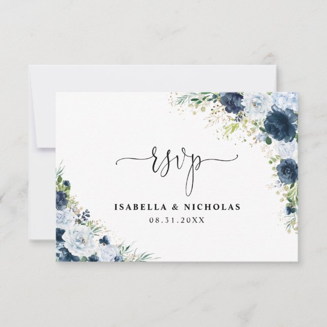 Carte de réponse de mariage floral Navy bleu (Devant)