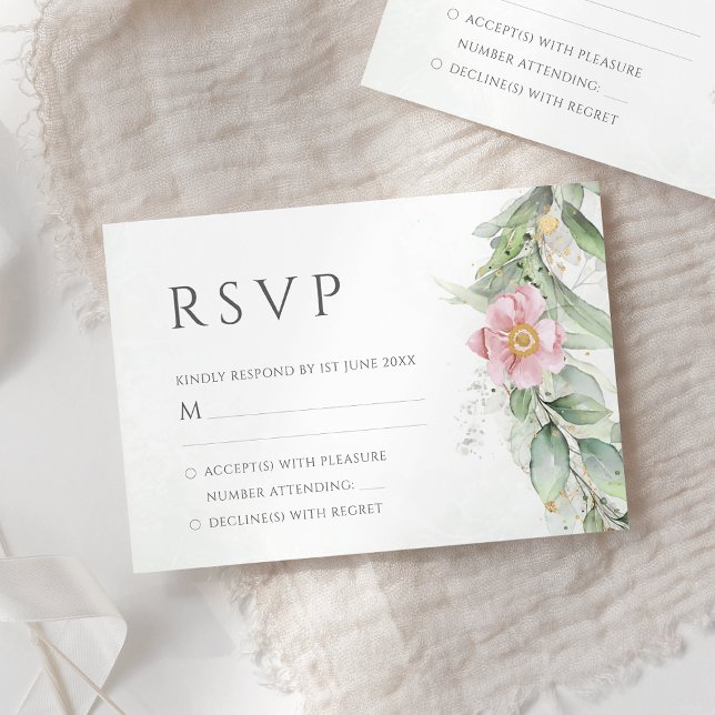 Carte de réponse de mariage floral rose à feuilles (Créateur téléchargé)