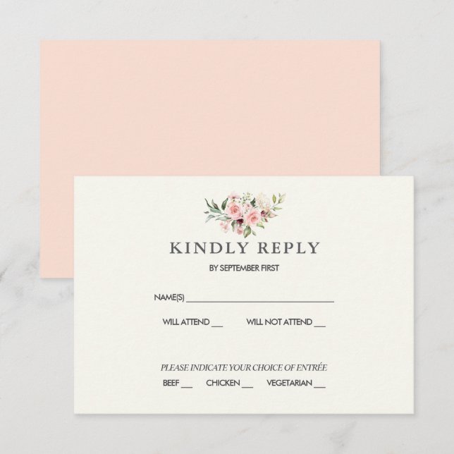 Carte de réponse de mariage floral rose - Crème (Devant / Derrière)