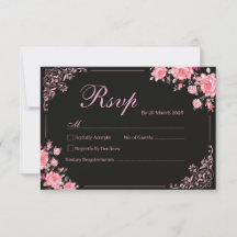 Carte de réponse de mariage floral rose et noir