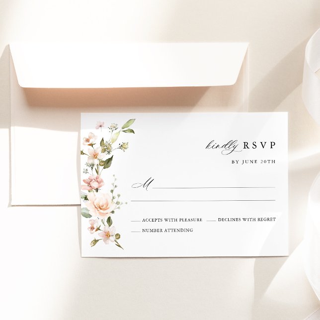Carte de réponse de mariage floral rose pêche (Peach Blush Floral Wedding RSVP Card, Blush Pink Garden Botanical Wedding Response Card)