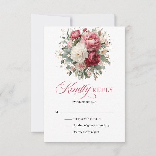 Carte de réponse de mariage floral rouge blush Boh (Devant)