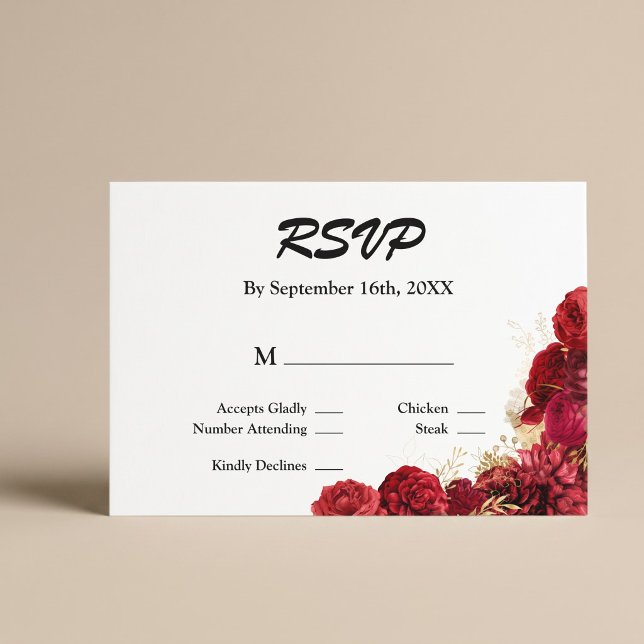 Carte de réponse de mariage floral rouge et or (Créateur téléchargé)