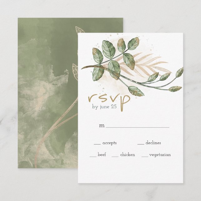 Carte de réponse de mariage floral vert sauge or (Devant / Derrière)