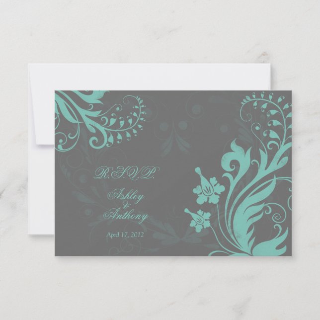 Carte de réponse de mariage floral vintage Aqua et (Devant)