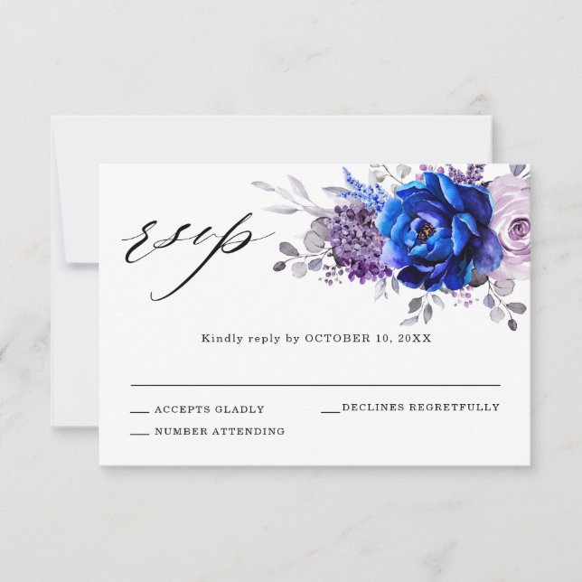 Carte de réponse de mariage floral violet bleu roy (Devant)