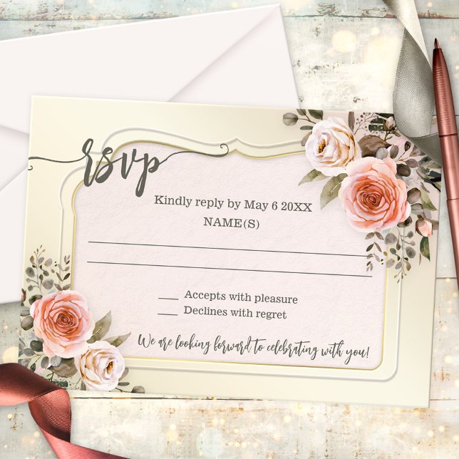 Carte de réponse de mariage florale à l'aquarelle  (Watercolor wedding RSVP card featuring blush pink roses on an elegant boho chic background)