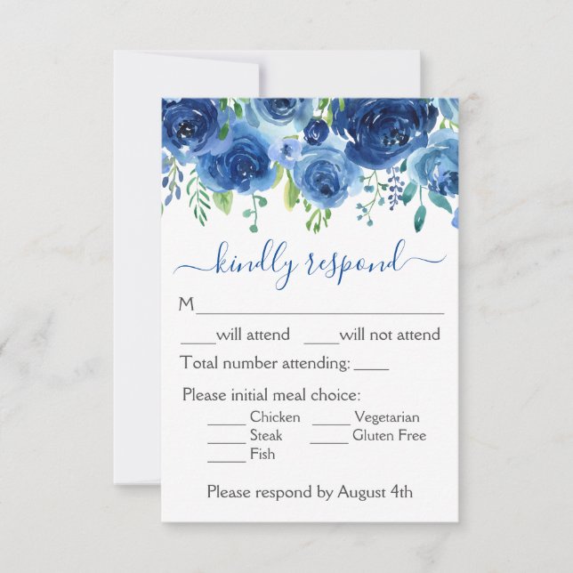 Carte de réponse de mariage florale aquarelle bleu (Devant)