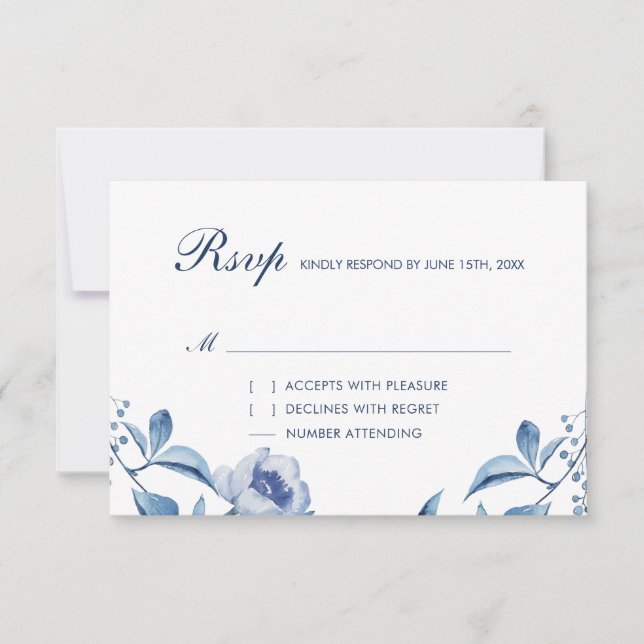 Carte de réponse de mariage florale aquarelle bleu (Devant)