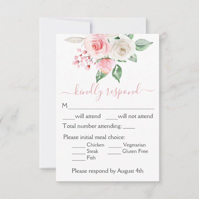 Carte de réponse de mariage florale aquarelle rose (Devant)