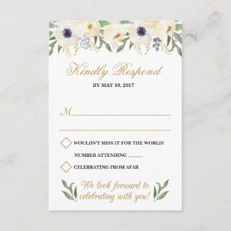 Carte de réponse de mariage florale blanche et or
