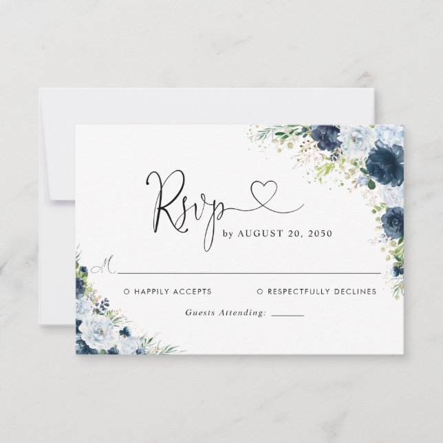 Carte de réponse de mariage florale bleu marine (Devant)