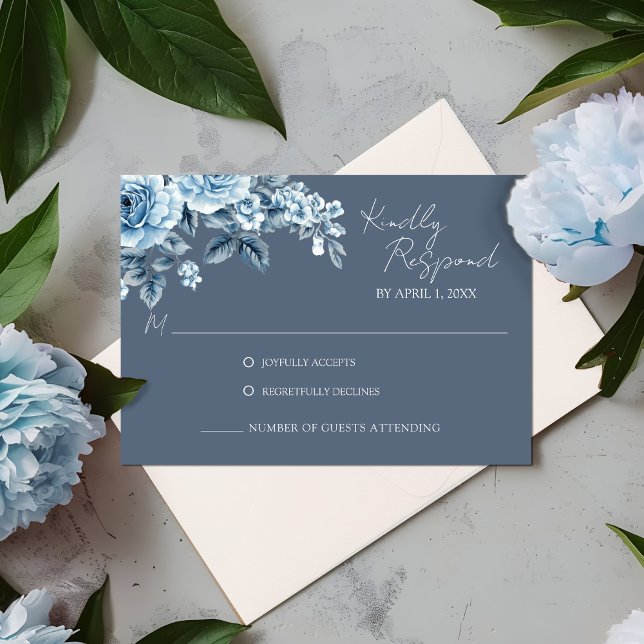 Carte de réponse de mariage florale bleu poussiére (Dusty Blue Floral Wedding Response Card)