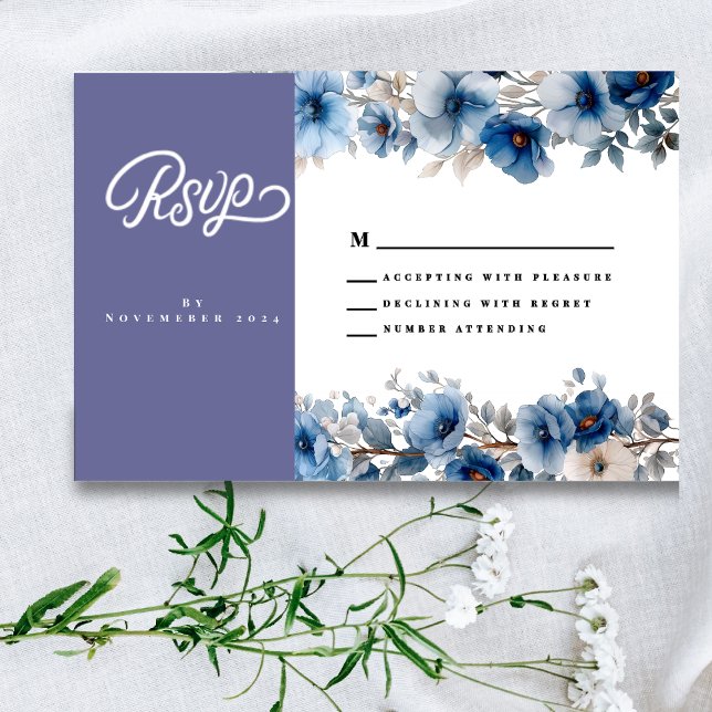 Carte de réponse de mariage florale bleu poussiére (Créateur téléchargé)
