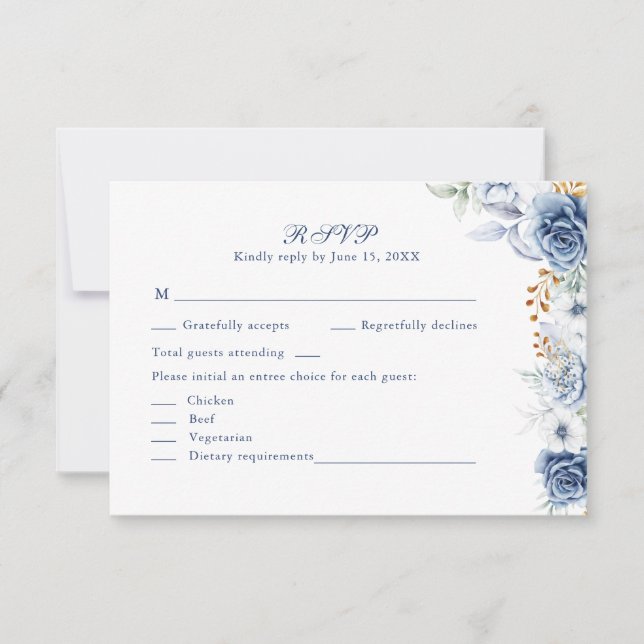 Carte de réponse de mariage florale bleue et dorée (Devant)