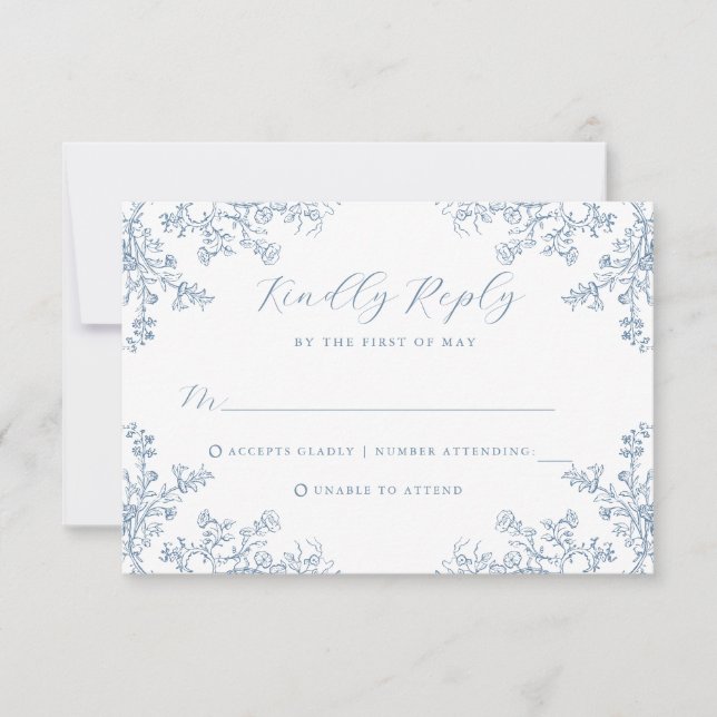Carte de réponse de mariage florale bleue vintage (Devant)