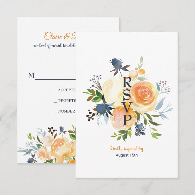 Carte de réponse de mariage florale corail bleu ma (Devant / Derrière)