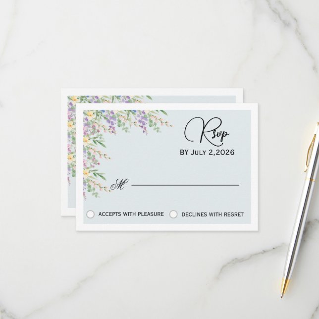Carte de réponse de mariage florale élégante de fl (Devant/Arrière en situation)