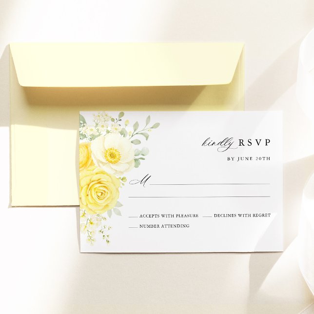 Carte de réponse de mariage florale ivoire jaune b (butter yellow ivory floral RSVP card, wedding response card, elegant yellow cream wedding stationery)