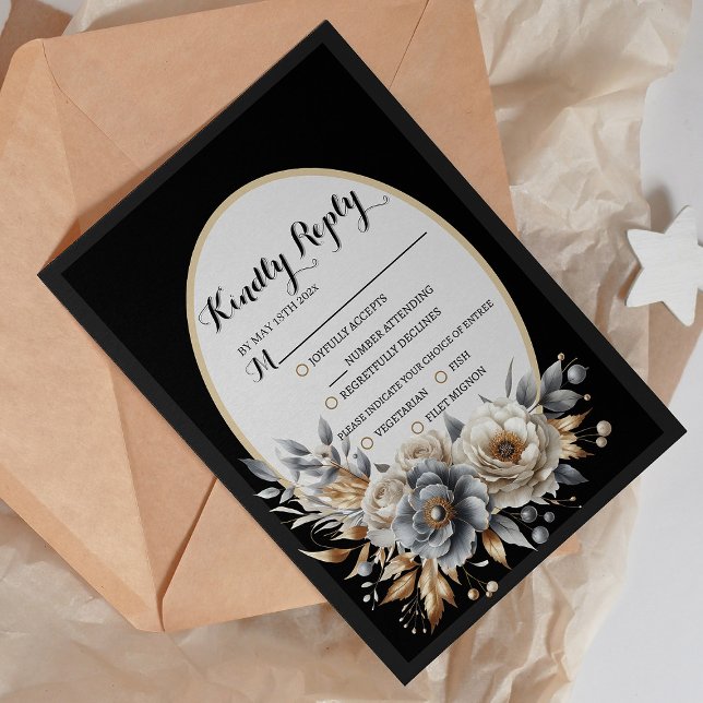 Carte de réponse de mariage florale noire et or él (Elegant Black Gold Floral Wedding RSVP Card)