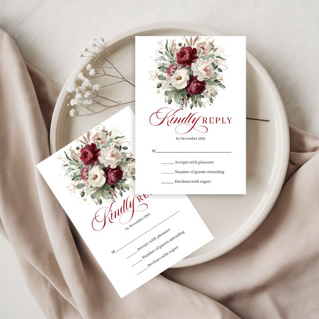 Carte de réponse de mariage florale or Bourgogne b (Bohemian Burgundy Floral Gold Wedding RSVP Card)