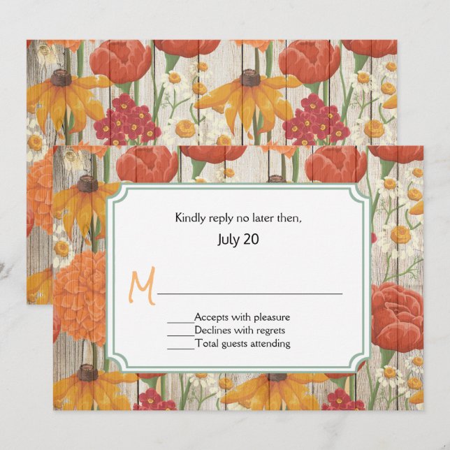 Carte de réponse de mariage florale orange rustiqu (Devant / Derrière)
