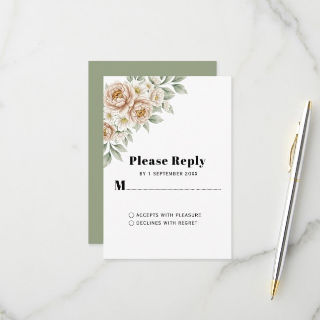 Carte de réponse de mariage florale Paeony au coin (Devant/Arrière en situation)