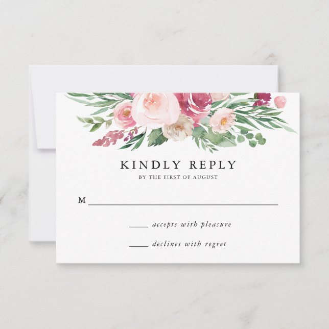 Carte de réponse de mariage florale rose bohème et (Devant)