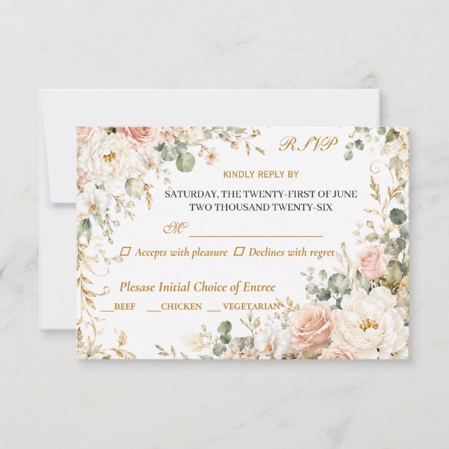 Carte de réponse de mariage florale rose de luxe (Devant)