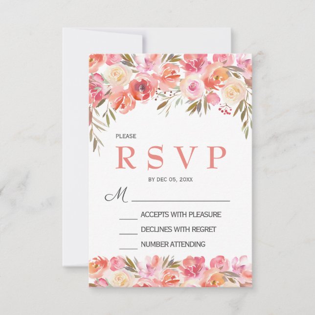 Carte de réponse de mariage florale rose pêche pas (Devant)