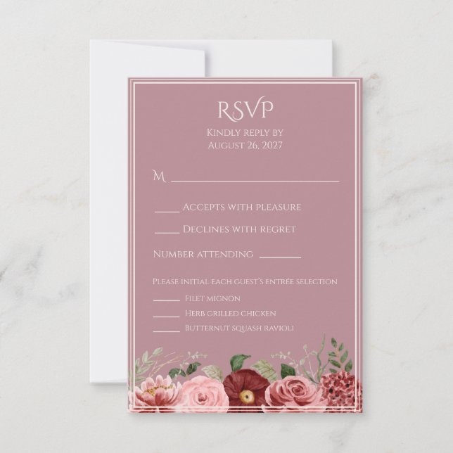 Carte de réponse de mariage florale rose poussiére (Devant)