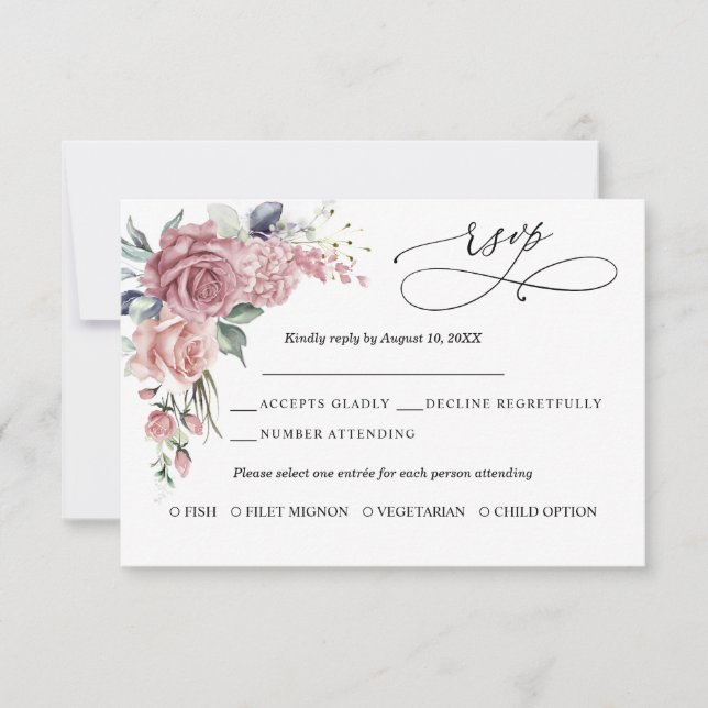 Carte de réponse de mariage florale rose poussiére (Devant)