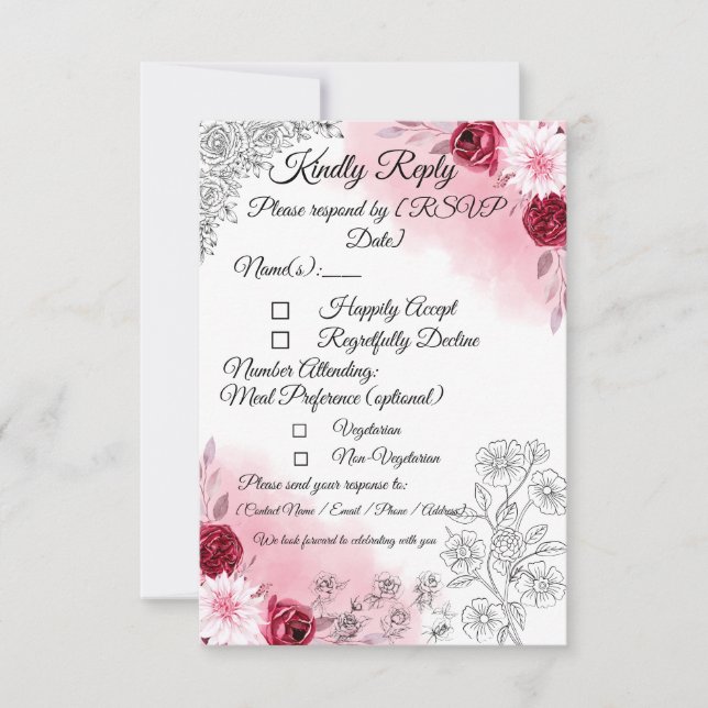 Carte de réponse de mariage florale rose | Romanti (Devant)