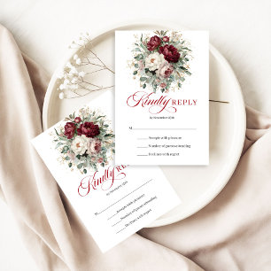Carte de réponse de mariage florale rouge profond